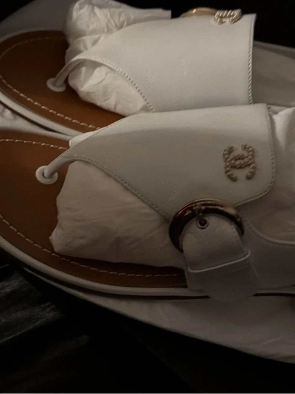 CHANEL White Leather Slingback Thong Sandals with Gold CC